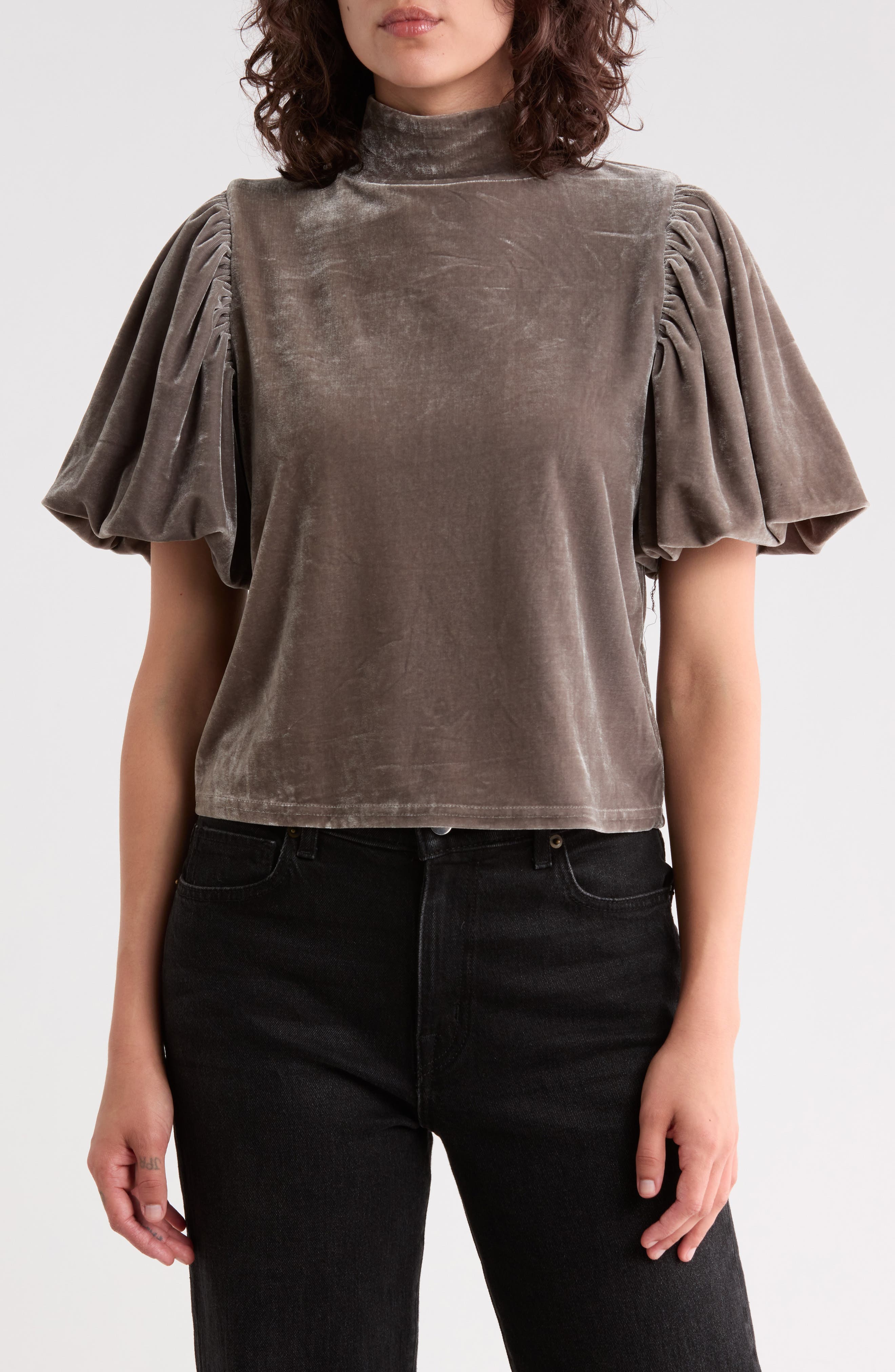 Velvet Mock Neck Puff Sleeve Top