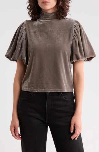 Velvet Mock Neck Puff Sleeve Top