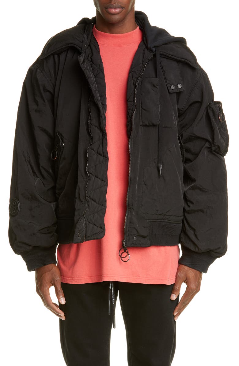Off-White Arrow Hooded Nylon Bomber Jacket, Main, color,