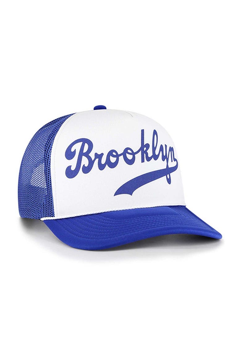 Men's '47 White Brooklyn Dodgers Cooperstown Collection Foam Front Script Trucker Snapback Hat, Alternate, color, White