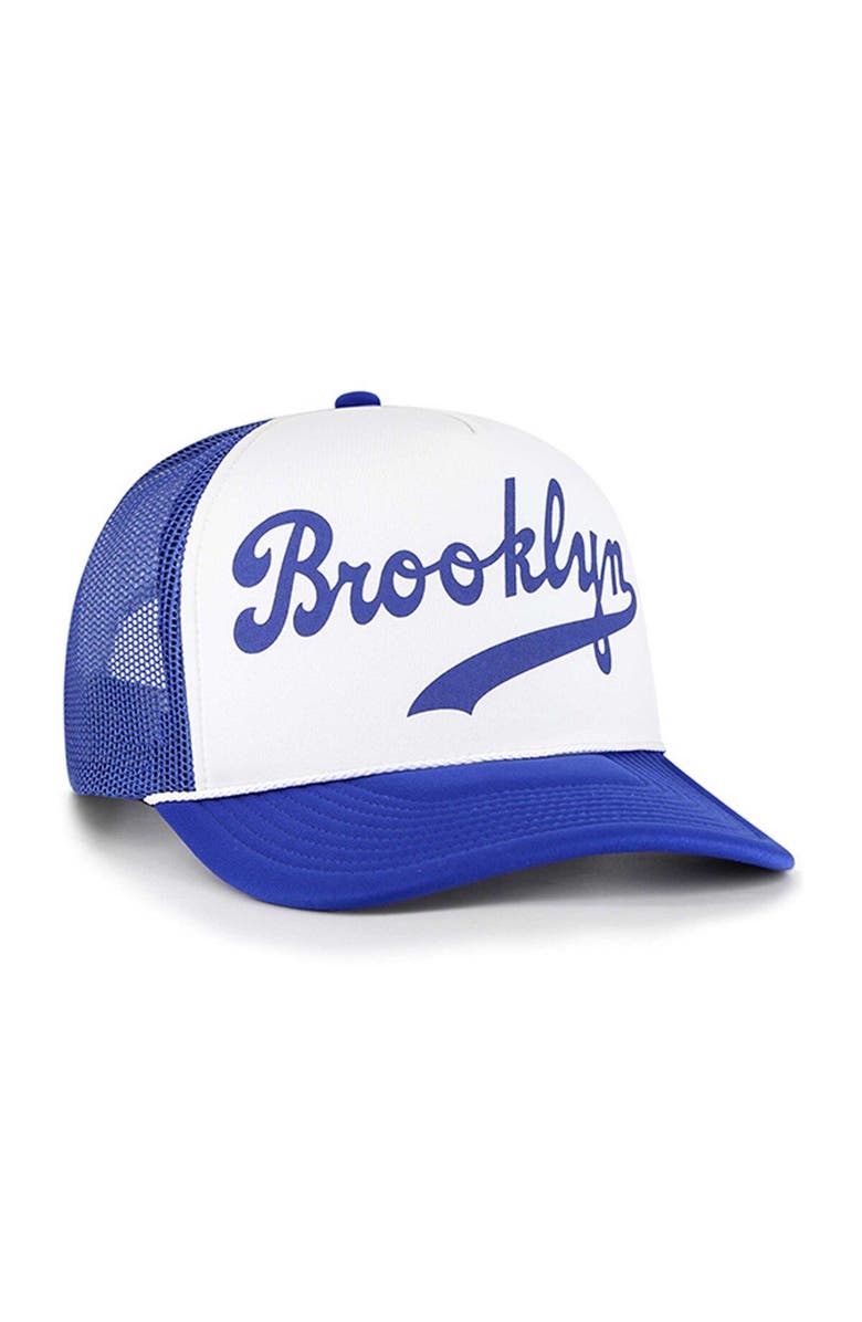 '47 Men's '47 White Brooklyn Dodgers Cooperstown Collection Foam Front Script Trucker Snapback Hat, Alternate, color, White