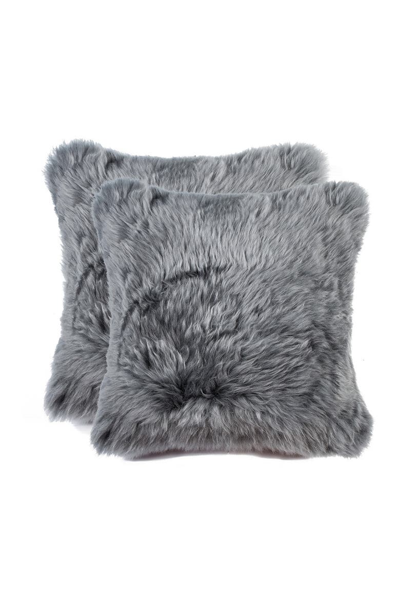 New Zealand Genuine Sheepskin Pillow - Set of 2 - 18"x18" - Gray, Main, color, GREY