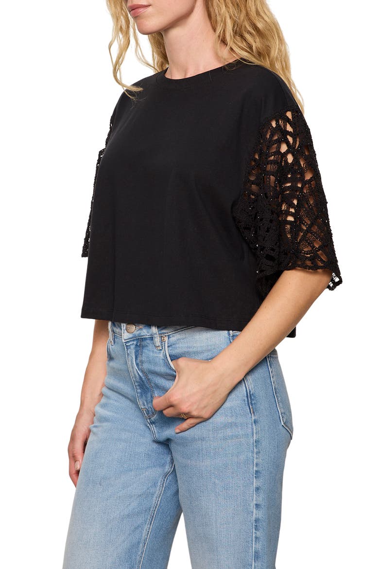 Belle Lace Sleeve Organic Cotton T-Shirt, Alternate, color, BLACK