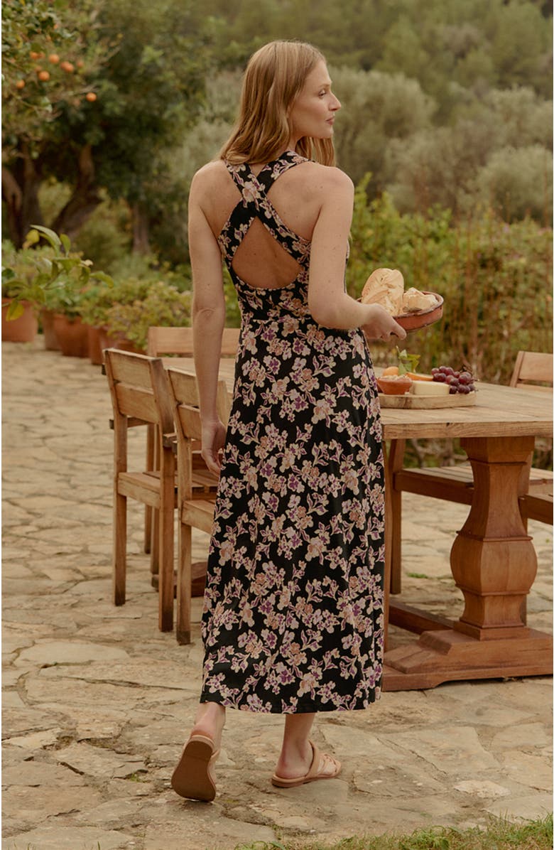Pact Organic Cotton Fit & Flare Open Back Maxi Dress, Alternate, color, Scattered Posies Black