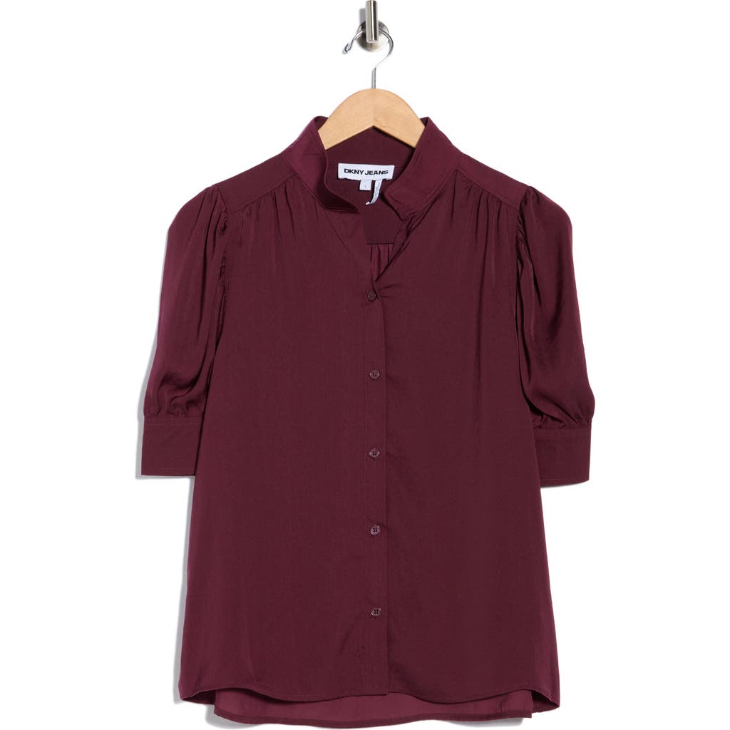 Dkny Jeans Women's Stand Collar Puff-sleeve Shirt In Brown