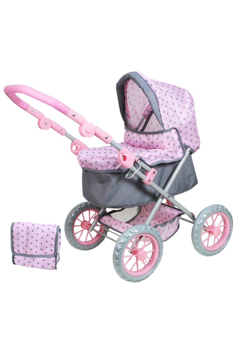 Baby Doll Pram, Pink & Grey Polka Dots, Push Stroller, Fits Up To 18 Inches, Main, color, Pink