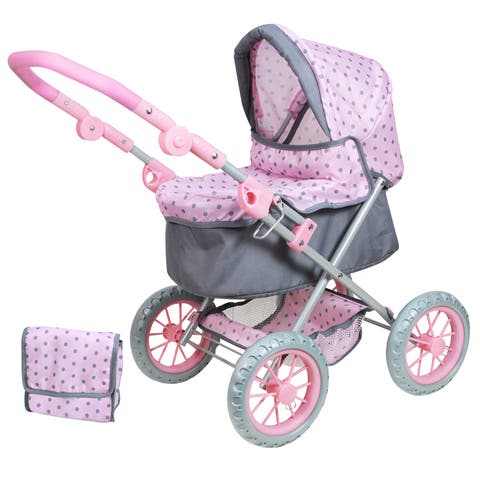 Baby Doll Pram, Pink & Grey Polka Dots, Push Stroller, Fits Up To 18 Inches