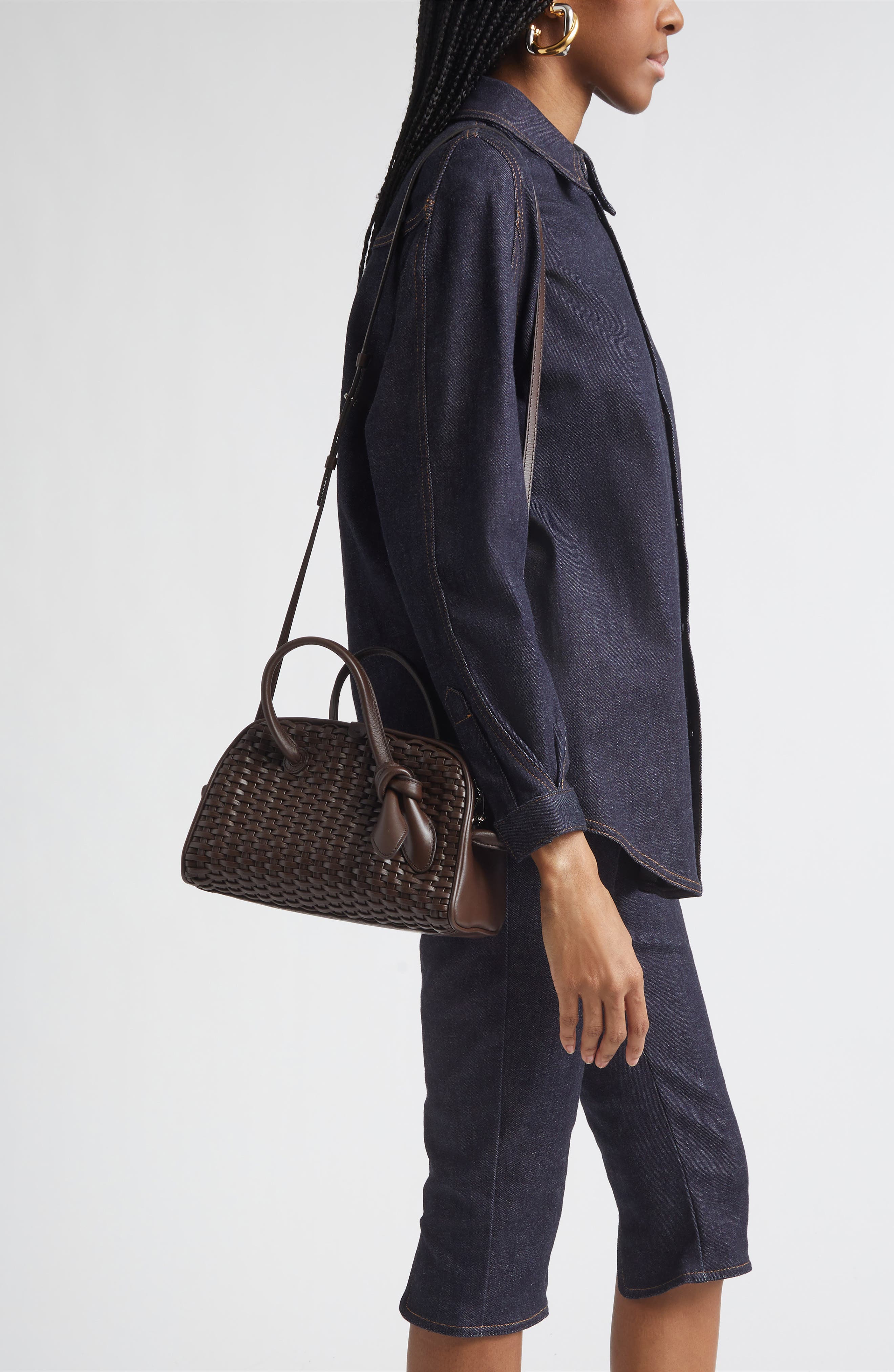 Jacquemus Le Petit Turismo Woven Leather Bowling Bag, Alternate, color, Dark Brown 880