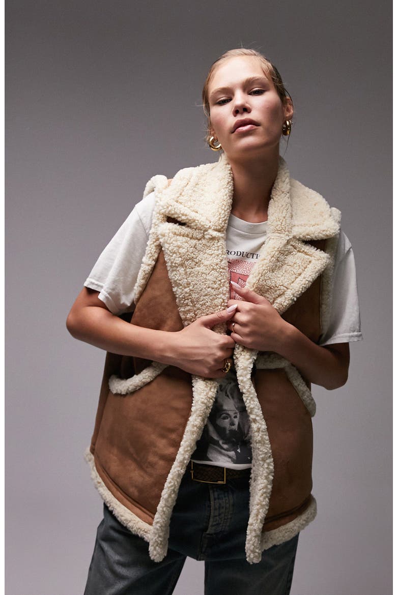 Oversize Faux Shearlling Vest, Main, color, TAN