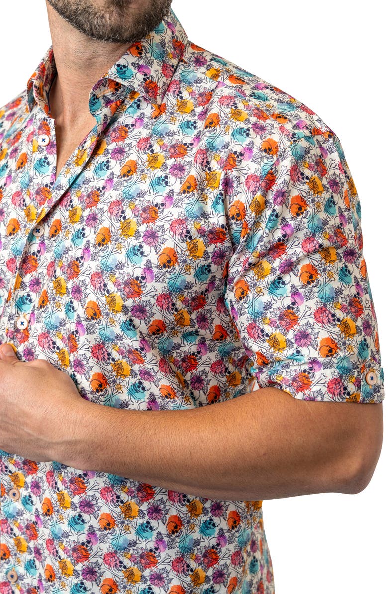 Maceoo Galileo Floral Skull 12 White Contemporary Fit Short Sleeve Button-Up Shirt, Alternate, color, White