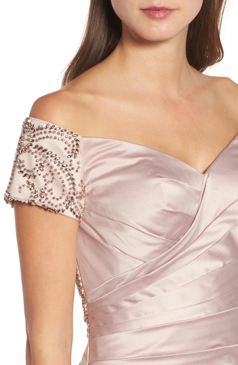 La Femme Off the Shoulder Beaded Satin Trumpet Gown, Alternate, color, Champagne