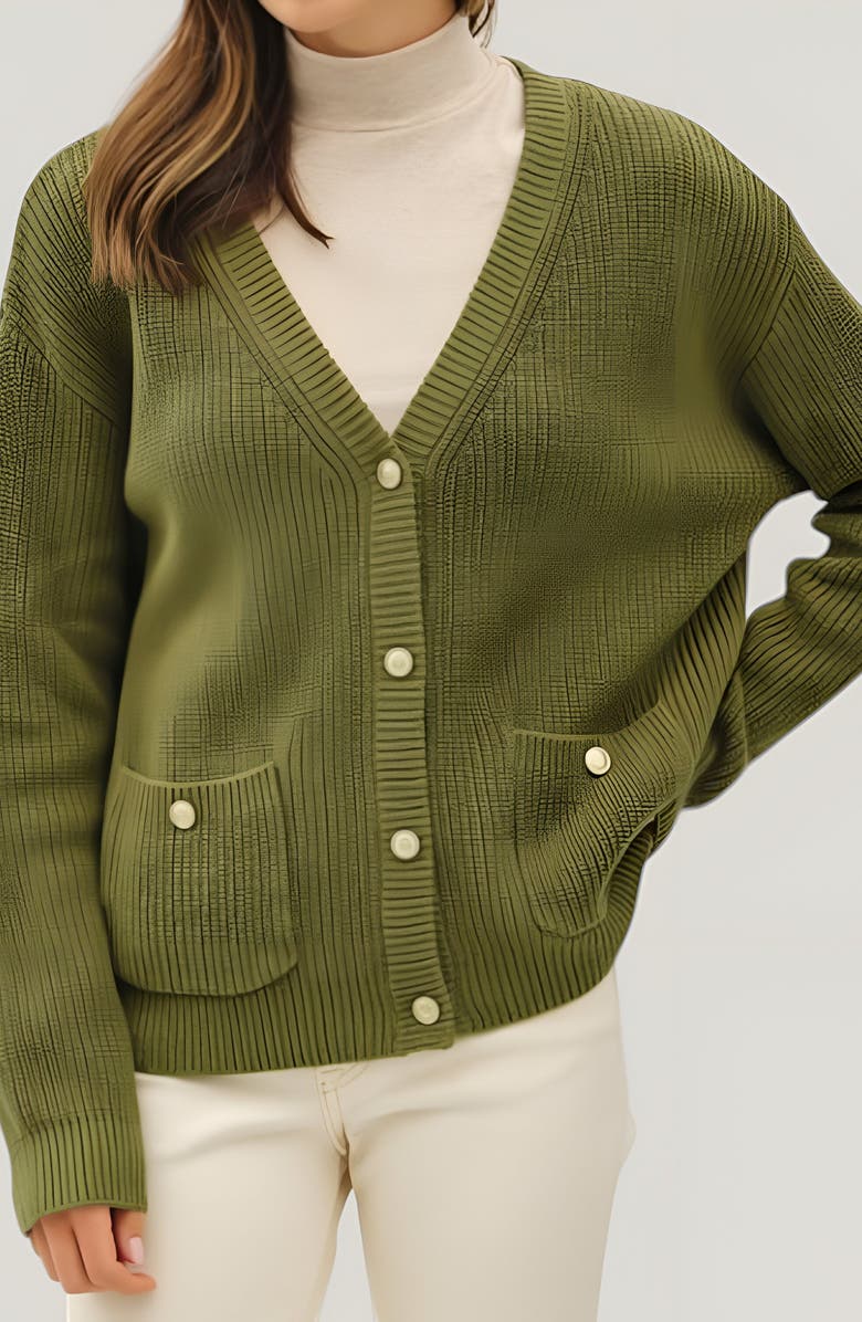 Modenaire Ribbed Button Down Cardigan, Alternate, color, Olive Green