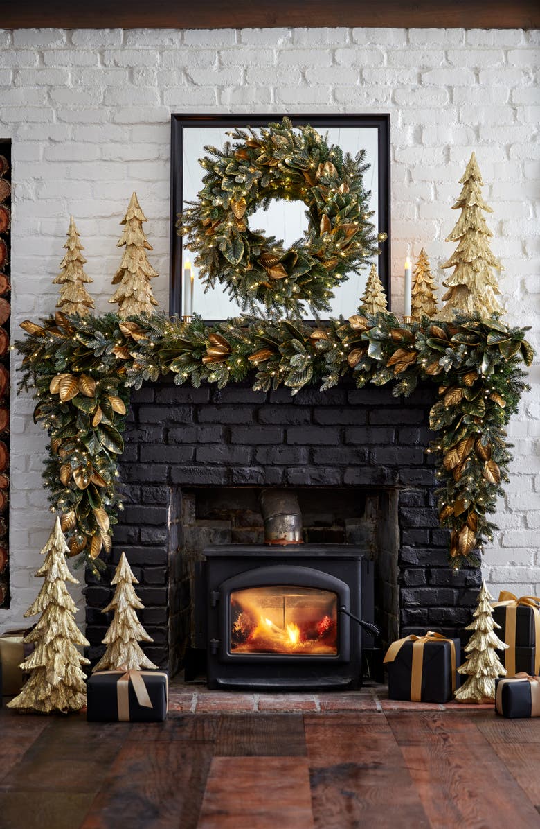 Balsam Hill Gilded Leaf Magnolia Pre Lit Artificial Garland, Alternate, color,