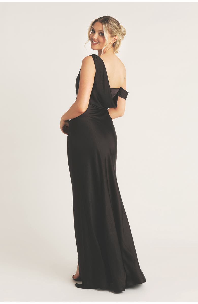 Six Stories Asymmetric Bardot Satin Bridesmaid Dress, Alternate, color, Black