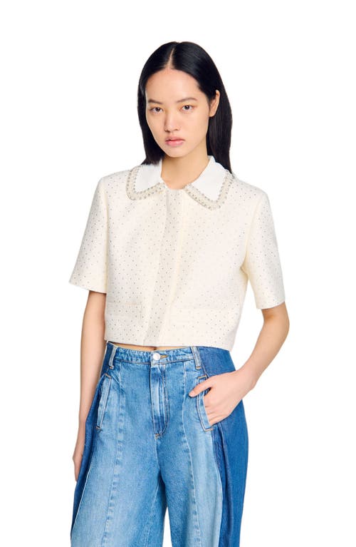 Sandro Short-sleeved Rhinestone Jacket In Ecru