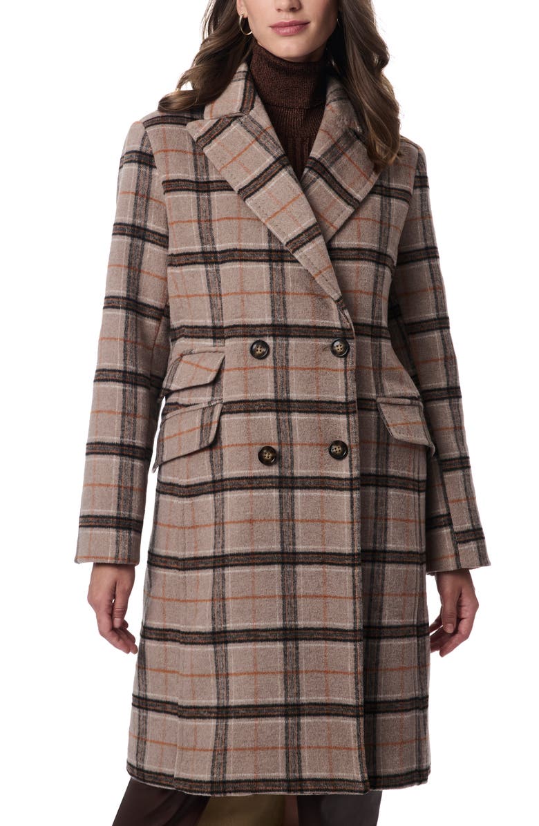 Bernardo Plaid Double Breasted Coat, Alternate, color, Brown/ Rust Plaid