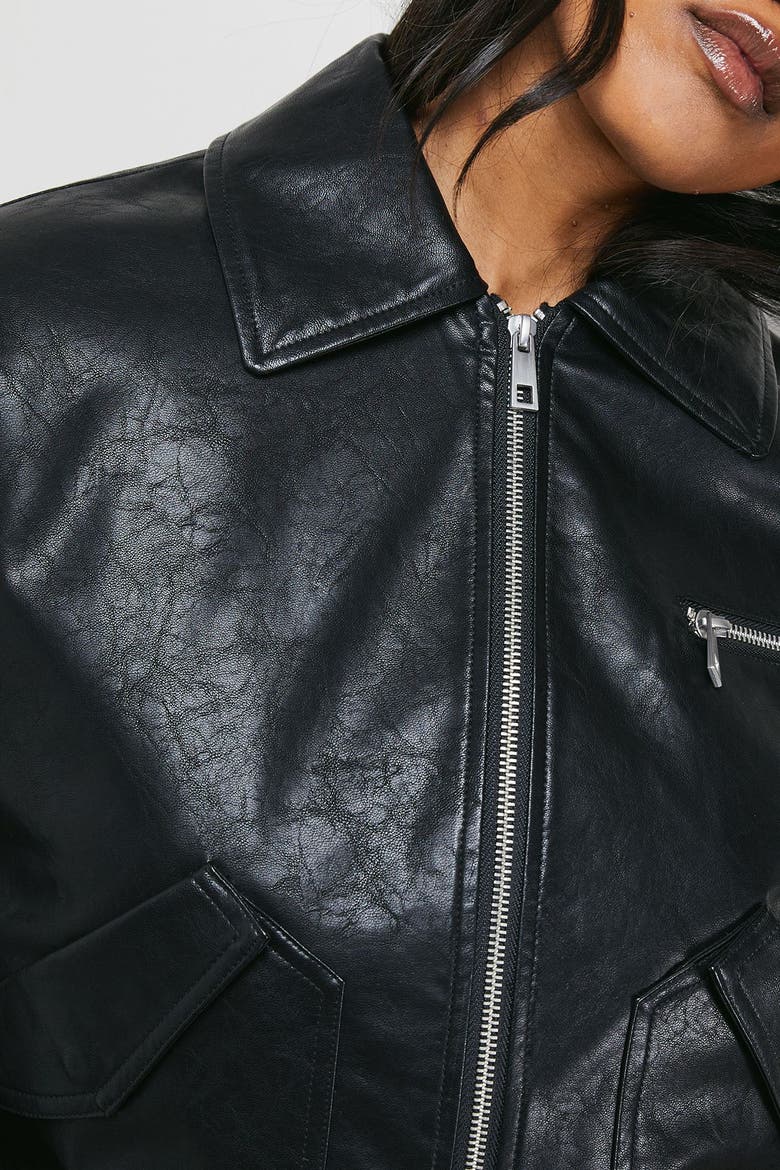 Faux Leather Distressed Bomber Jacket, Alternate, color, Black