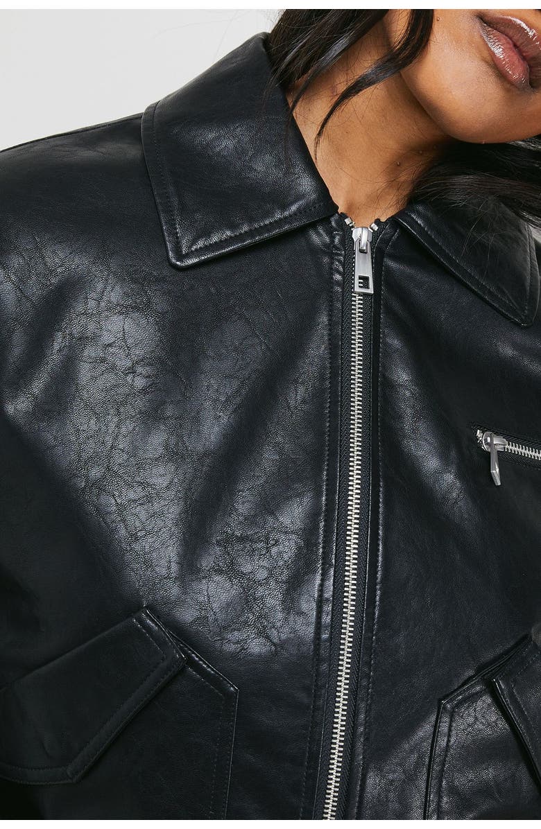 Warehouse Faux Leather Distressed Bomber Jacket, Alternate, color, Black