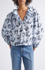 Ulla Johnson Siena Abstract Print Ruffle Collar Top