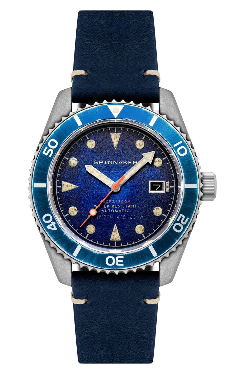 SPINNAKER Wreck Automatic Leather Strap Watch, 44mm, Main, color, Blue