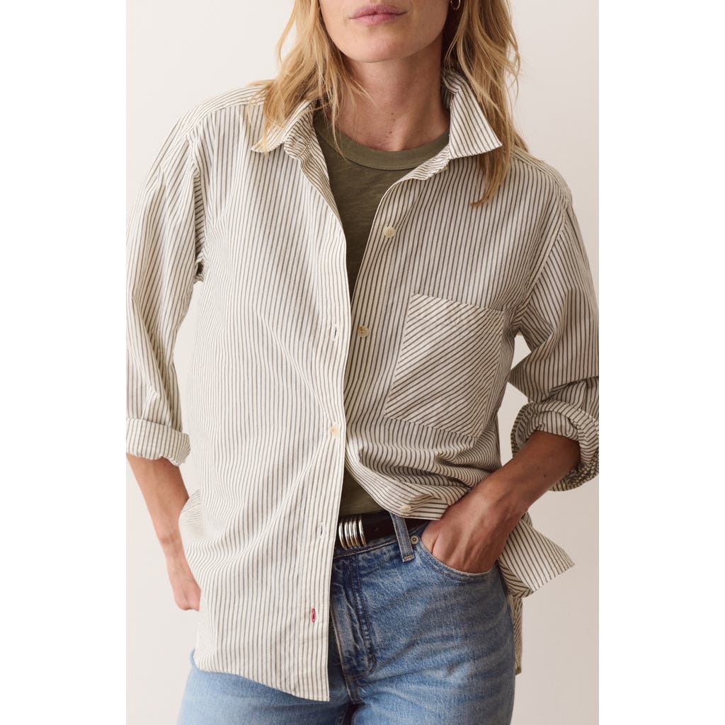Marine Layer Jane Relaxed Pinstriped Pima Cotton Shirt In Olive Pinstripe