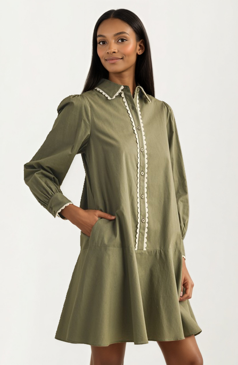Knit and Lounge Long-Sleeve Button-Front Scallop-Trim Mini Dress, Alternate, color, Green