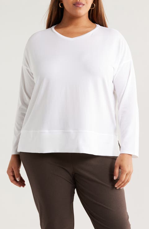 Boxy Long Sleeve V-Neck Top (Plus)
