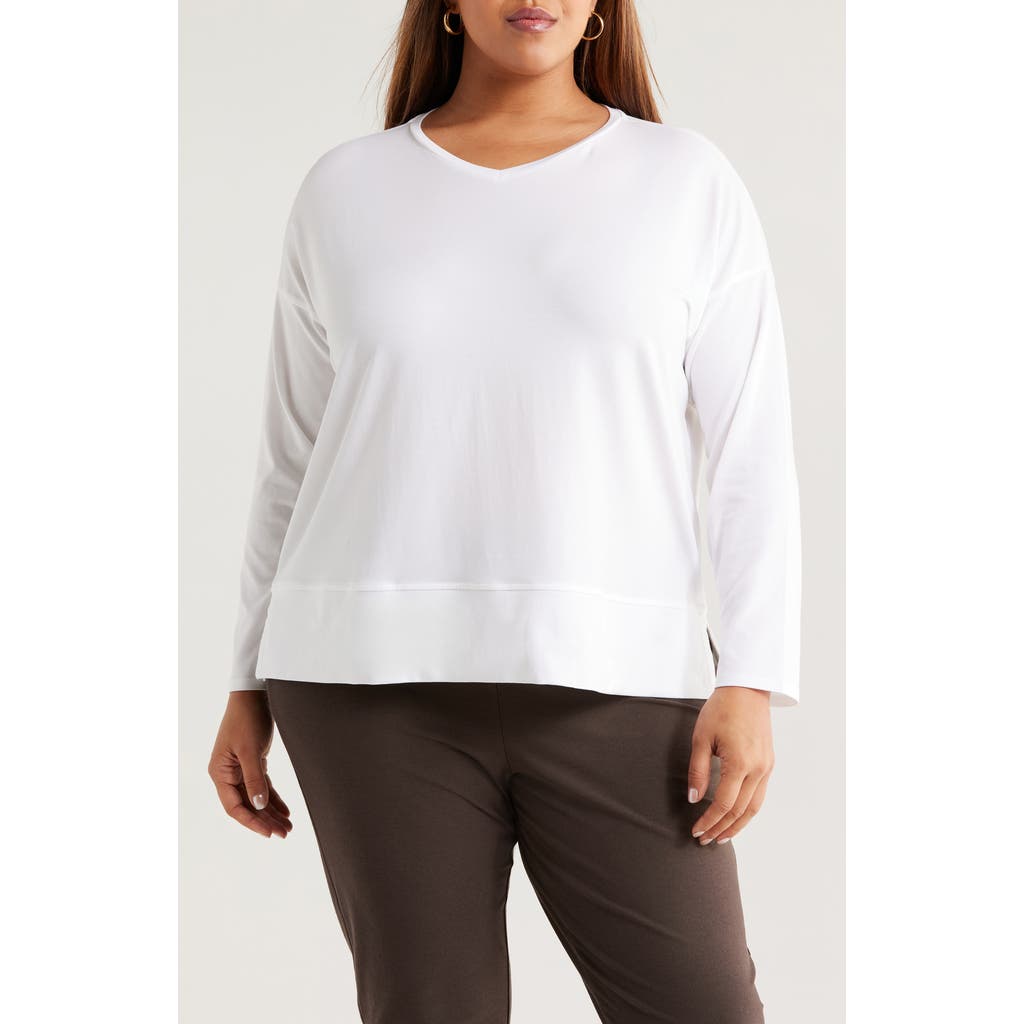 Eileen Fisher Boxy Long Sleeve V-neck Top In White