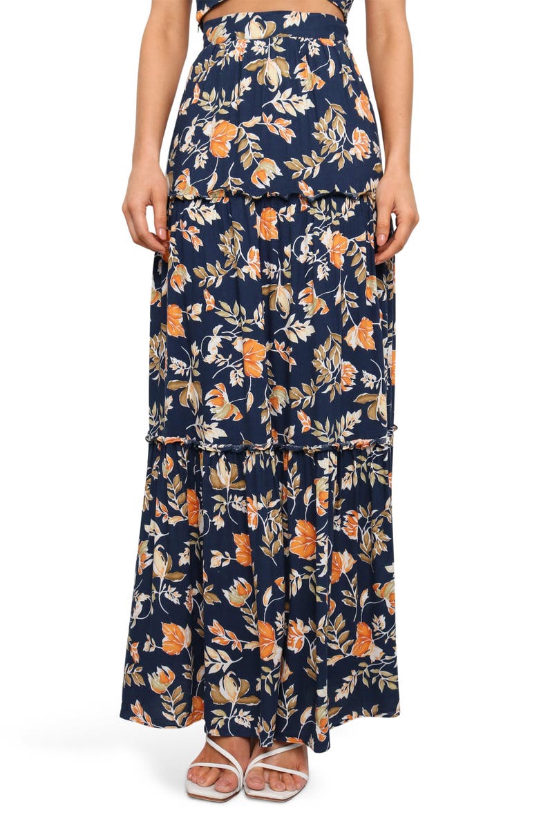 Petal & Pup Deaville Floral Tiered Maxi Skirt, Main, color, Navy