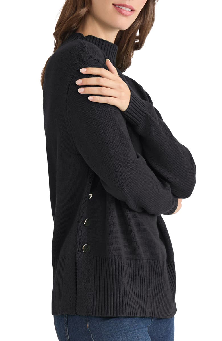 Jones New York Button Detail Rib Funnel Neck Sweater, Alternate, color, Jones Black