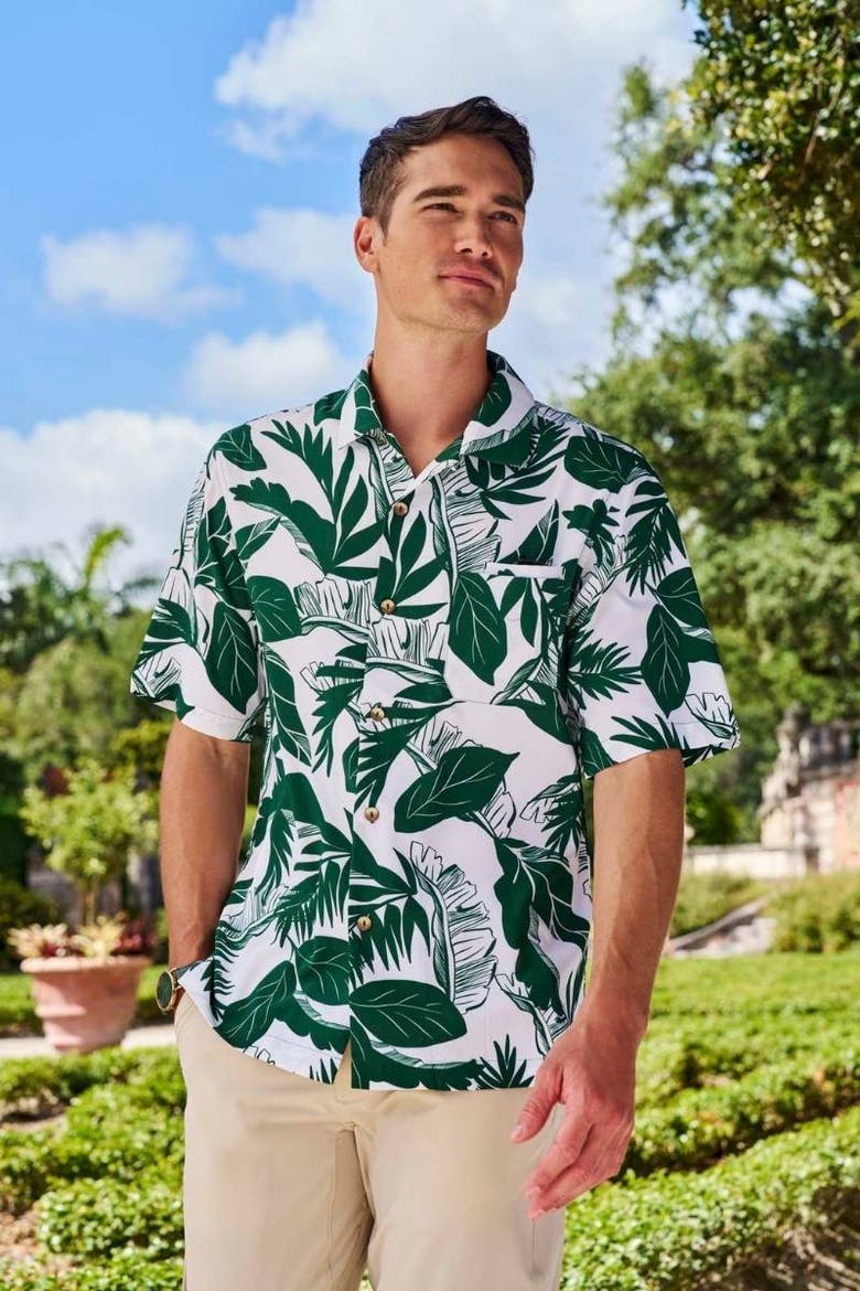 Men's Safari Camp Camp Shirt, UPF 50+ Sun Protection, Alternate, color, Eden Green Palm Paradise