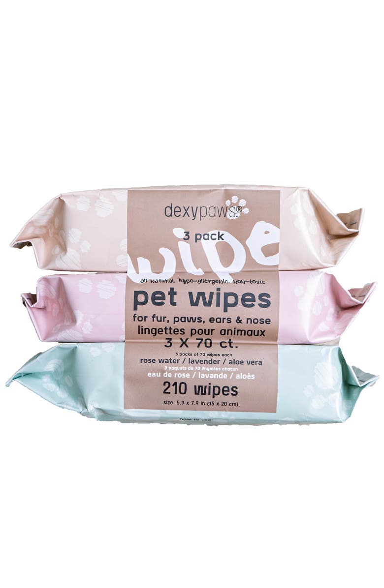 Dexypaws Pet Cleansing Wipes, 3 Packs (70ct each), Aloe Lavender Rose Water, Main, color, Multicolored