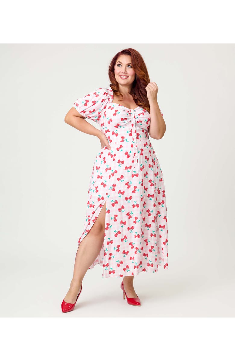 Unique Vintage Plus Size Sweetheart Midi Dress, Main, color, Pink Gingham W/Cherries