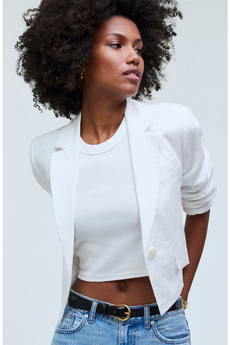 Crop Linen Blazer, Alternate, color, EYELET WHITE