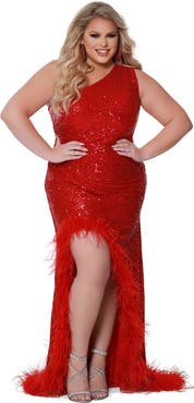 Johnathan Kayne for Sydney's Closet One Shoulder Sequin and Ostrich Feather Plus Size Gown