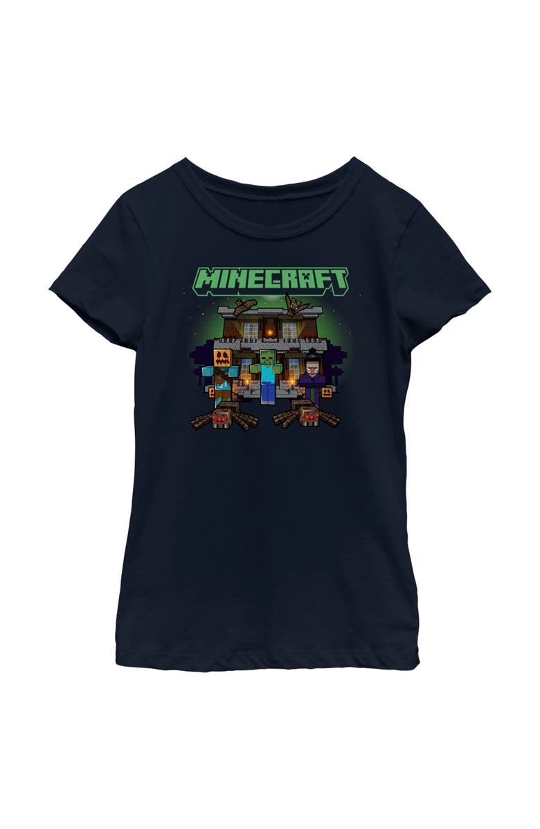 MINECRAFT Girl's Minecraft Halloween Creeper Haunted House Graphic T-Shirt, Main, color, Navy Blue