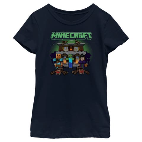 Girl's Minecraft Halloween Creeper Haunted House  Graphic T-Shirt