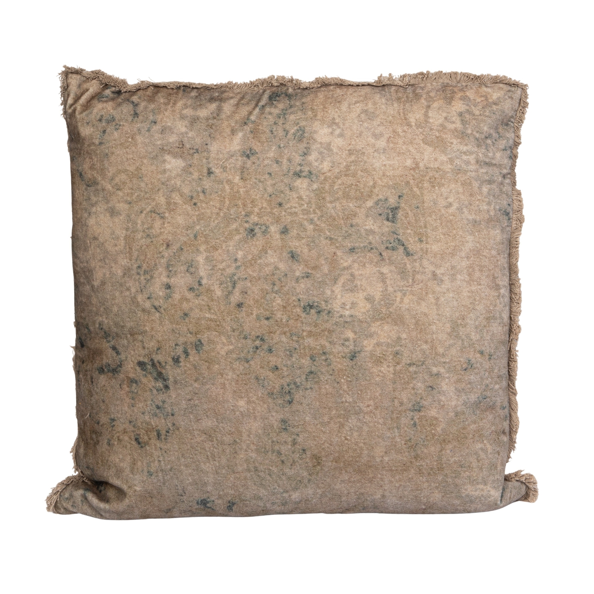 Storied Home Cotton Velvet Printed Pillow with Design and Fringe, Multicolor - White