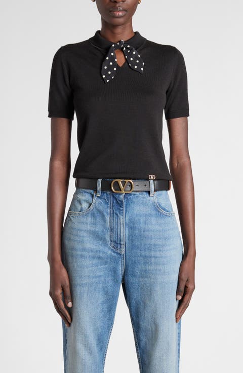Short Sleeve Wool Blend Sweater with Polka Dot Silk Pussybow