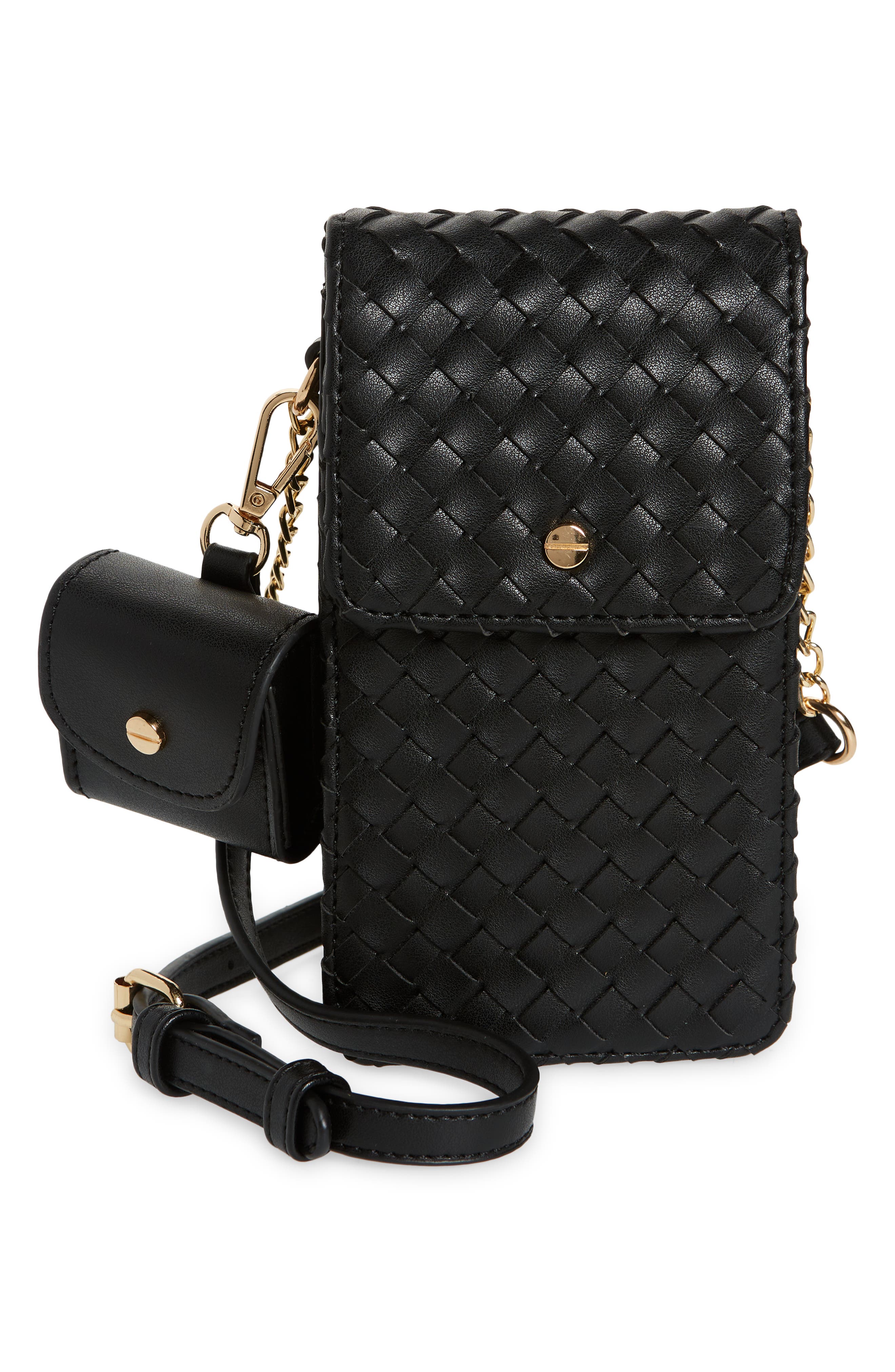 Woven Vegan Leather Phone Crossbody Bag, Main, color, BLACK