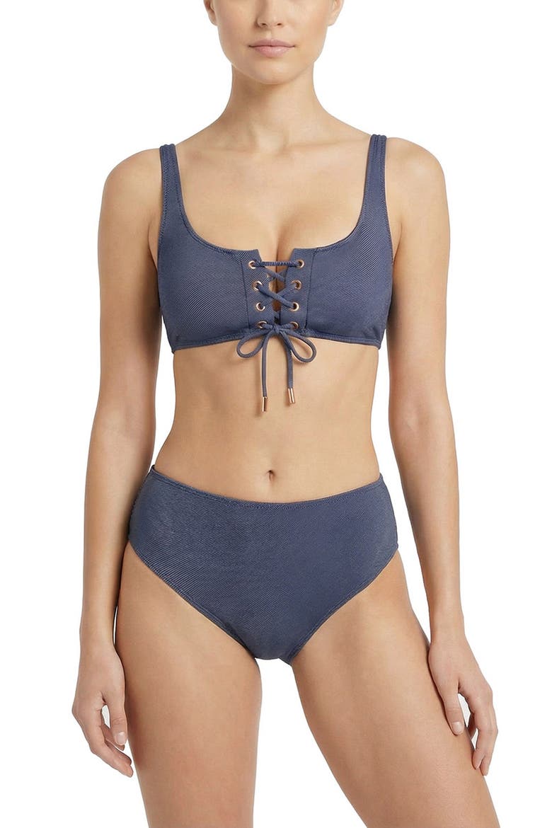 Samara Lace-Up Underwire Bikini Top, Alternate, color, Indigo Twill