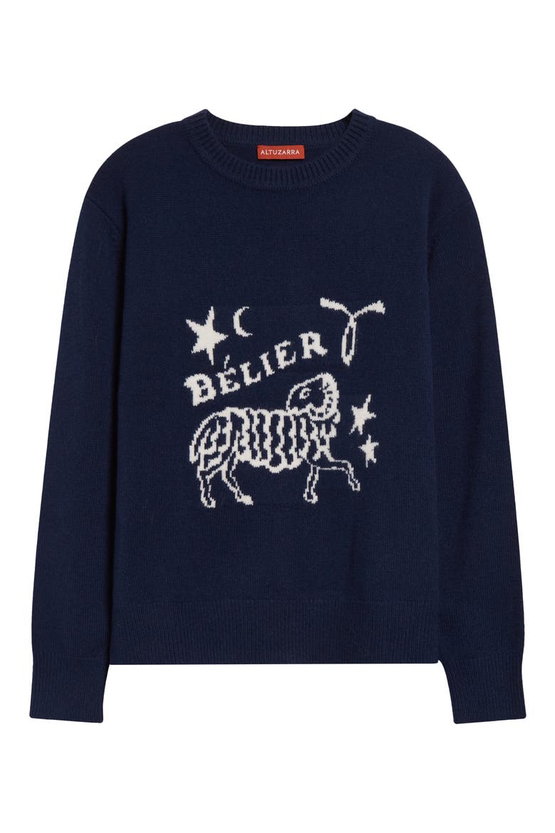 Zodiac Intarsia Virgin Wool Crewneck Sweater, Main, color, NAVY ARIES