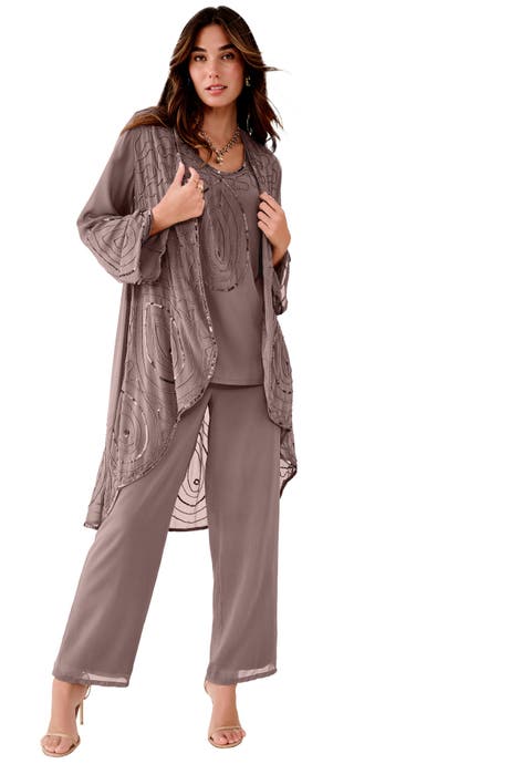 Plus Size Beaded Georgette Scoop Neck 3-Piece Pant Set (Plus)