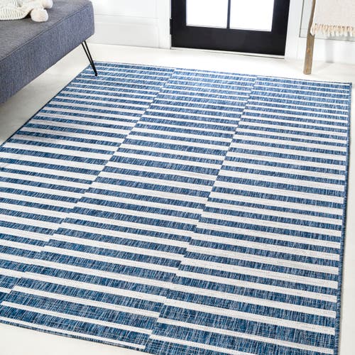 Jonathan Y Sukie Modern Offset Stripe Indoor/outdoor Area Rug In Blue/ivory