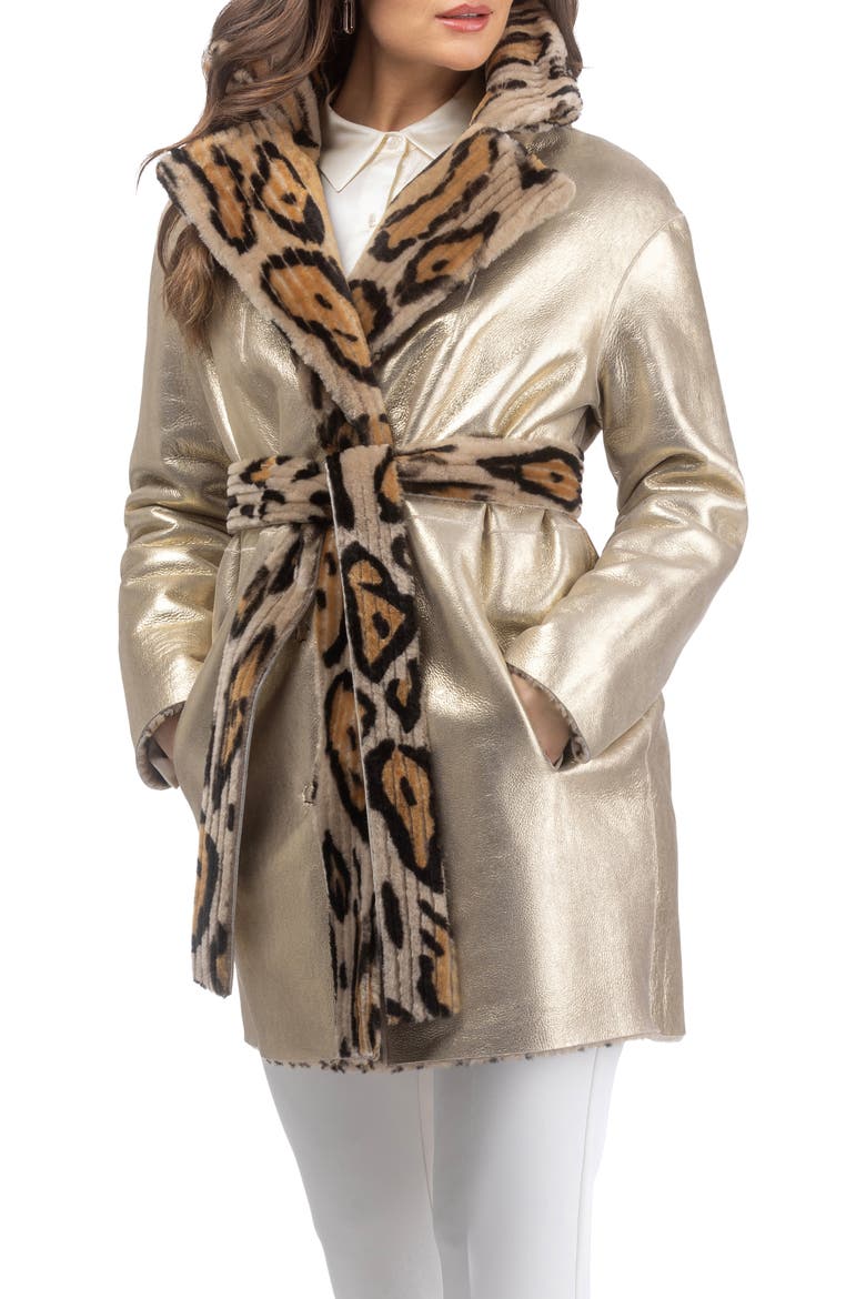 Reversible Select Grooved Genuine Shearling Coat, Belt, Alternate, color, Ocelo Print/Gold