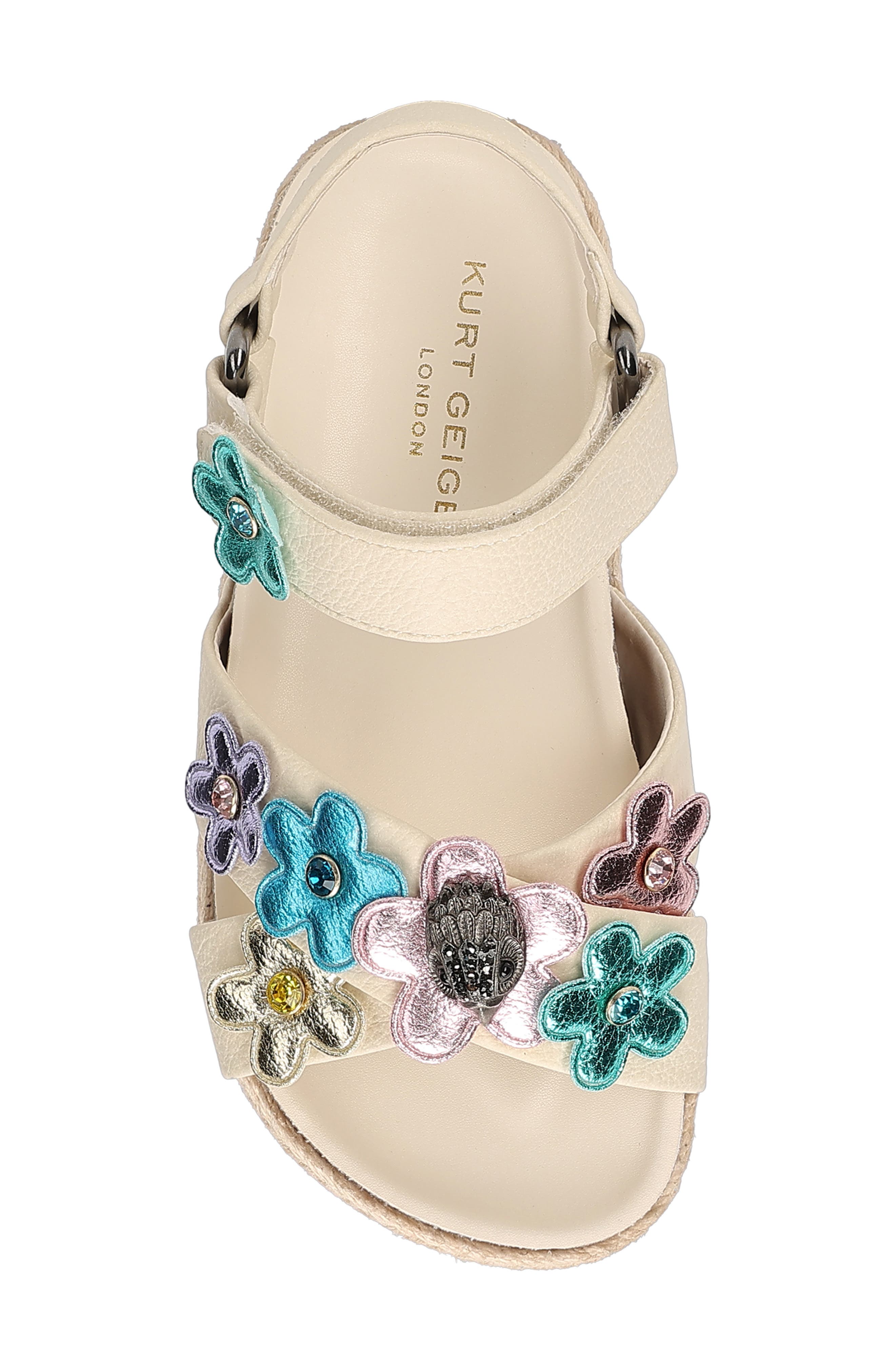 Kurt Geiger London Kids' Mini Kensington Flower Espadrille Ankle Strap Platform Sandal, Alternate, color, Bone Multi