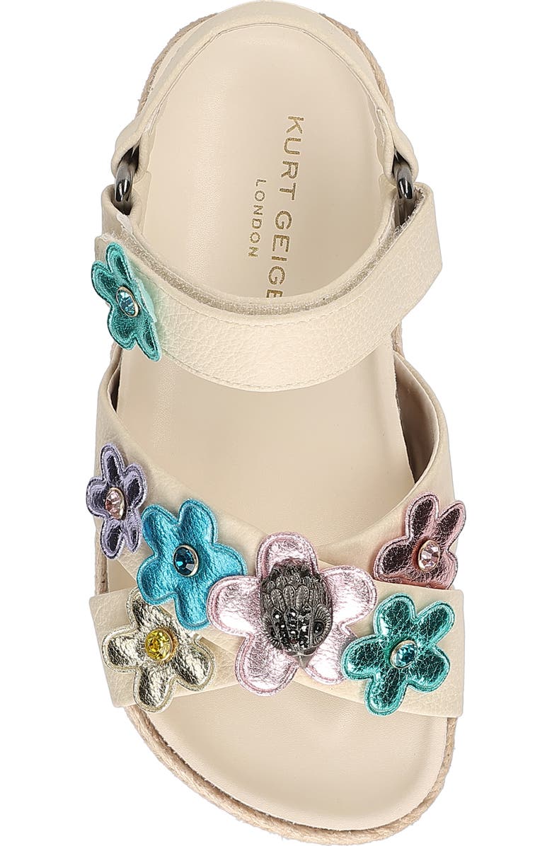 Kurt Geiger London Kids' Mini Kensington Flower Espadrille Ankle Strap Platform Sandal, Alternate, color, Bone Multi