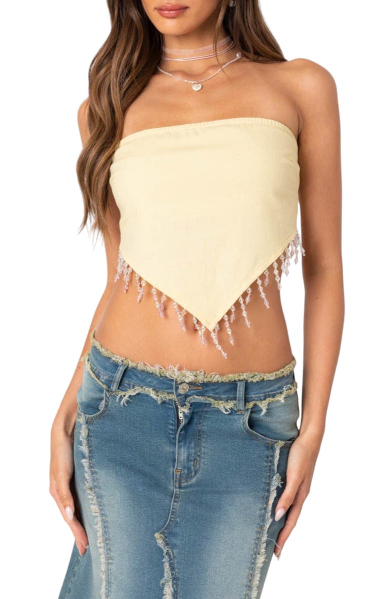 EDIKTED Chandelier Beaded Fringe Triangle Hem Strapless Crop Top, Main, color, 