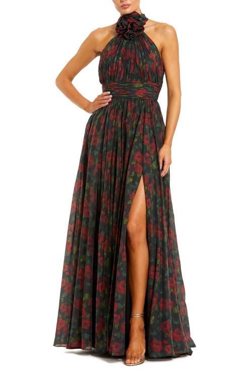 Mac Duggal Black Floral Chiffon 3d Flower High Neck Evening Gown In Multi