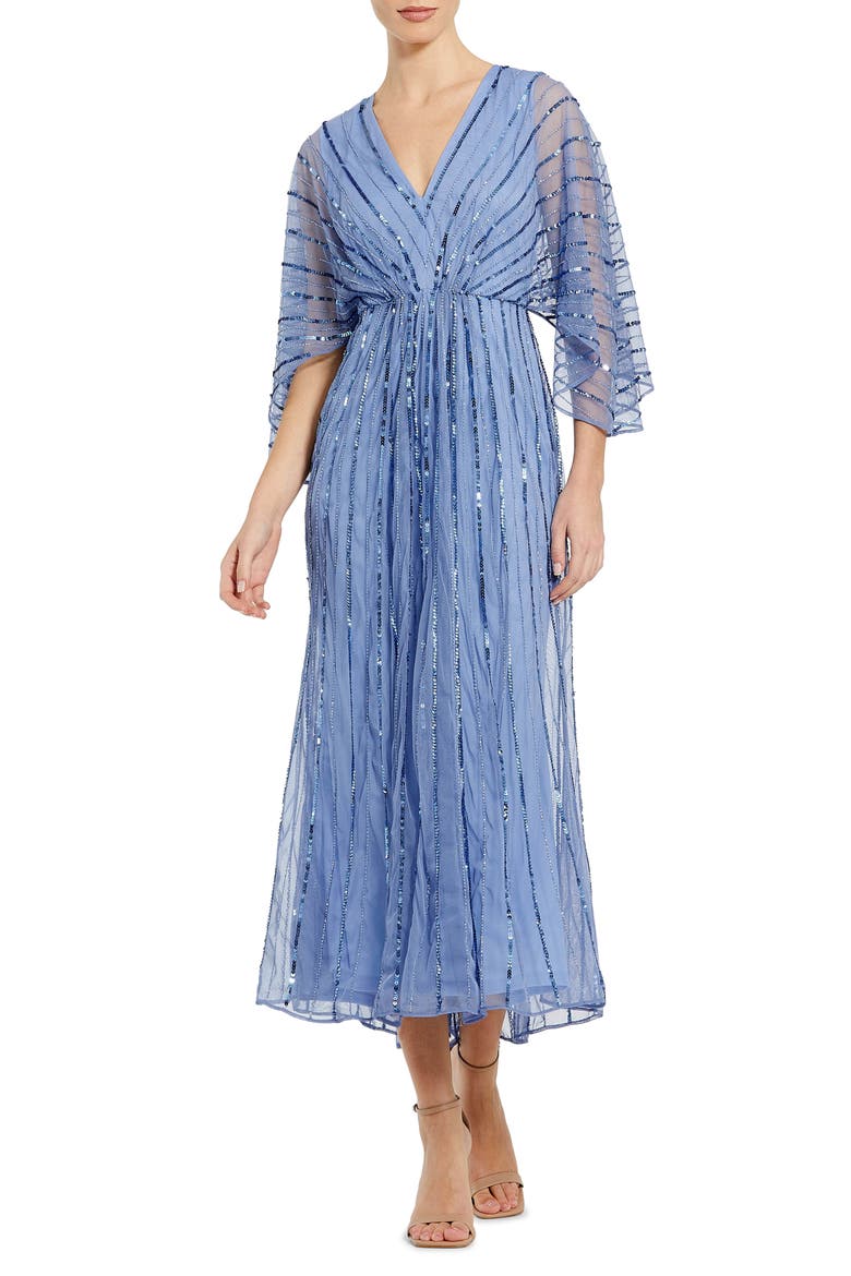 Sequin Beaded Stripe Cape Sleeve V-Neck Gown, Main, color, PERIWINKLE